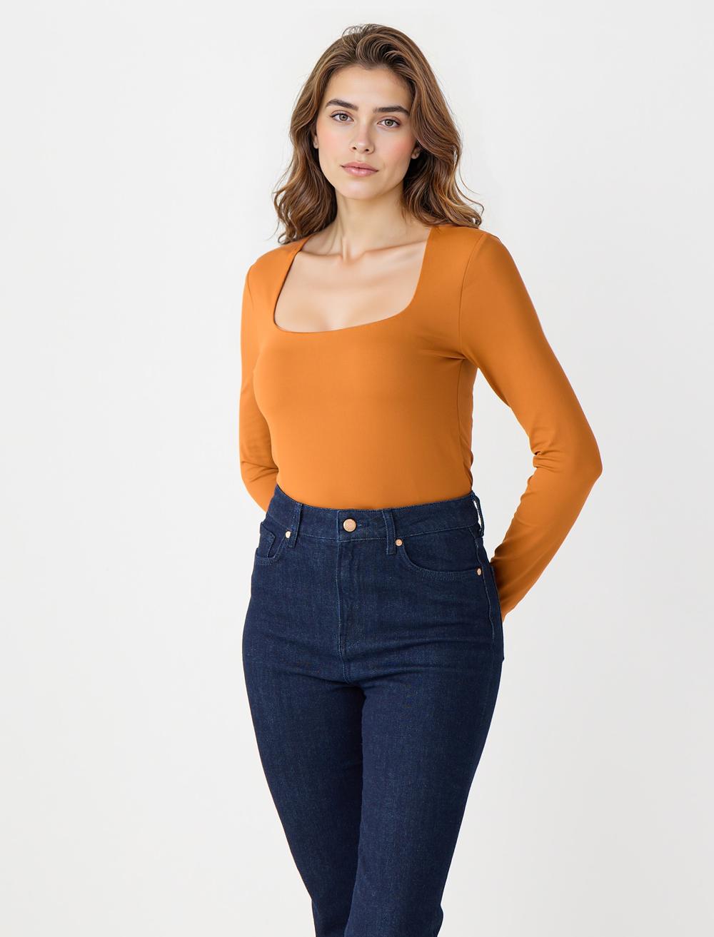 Slim Fit Square Neck Long-Sleeve Blouse - Caramel - 5WW036085217
