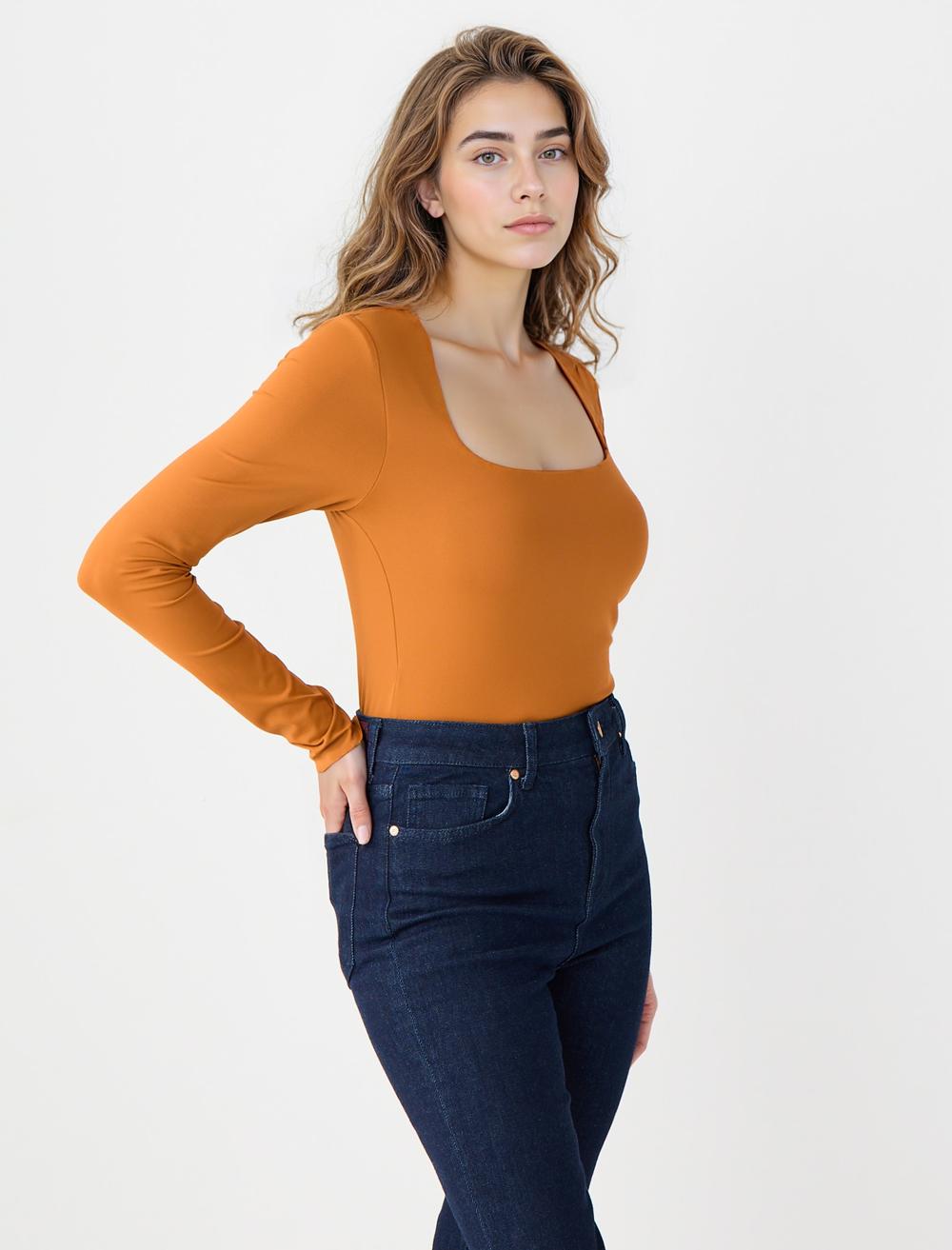 Slim Fit Square Neck Long-Sleeve Blouse - Caramel - 5WW036085217