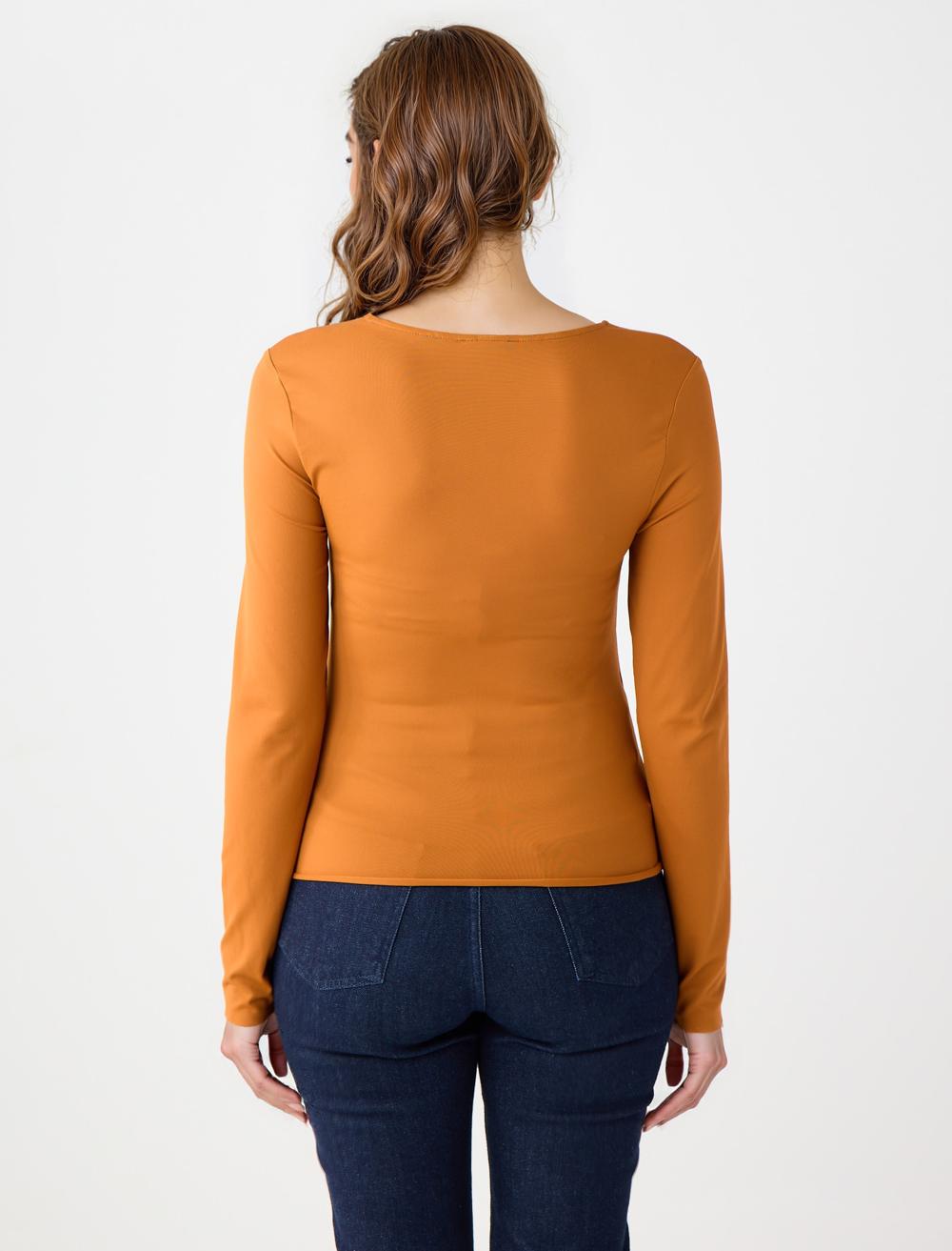 Slim Fit Square Neck Long-Sleeve Blouse - Caramel - 5WW036085217