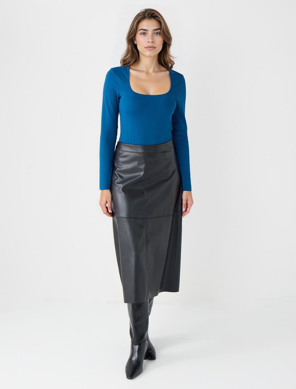 Slim Fit Square Neck Long-Sleeve Blouse - Dark Blue - 5WW036085427