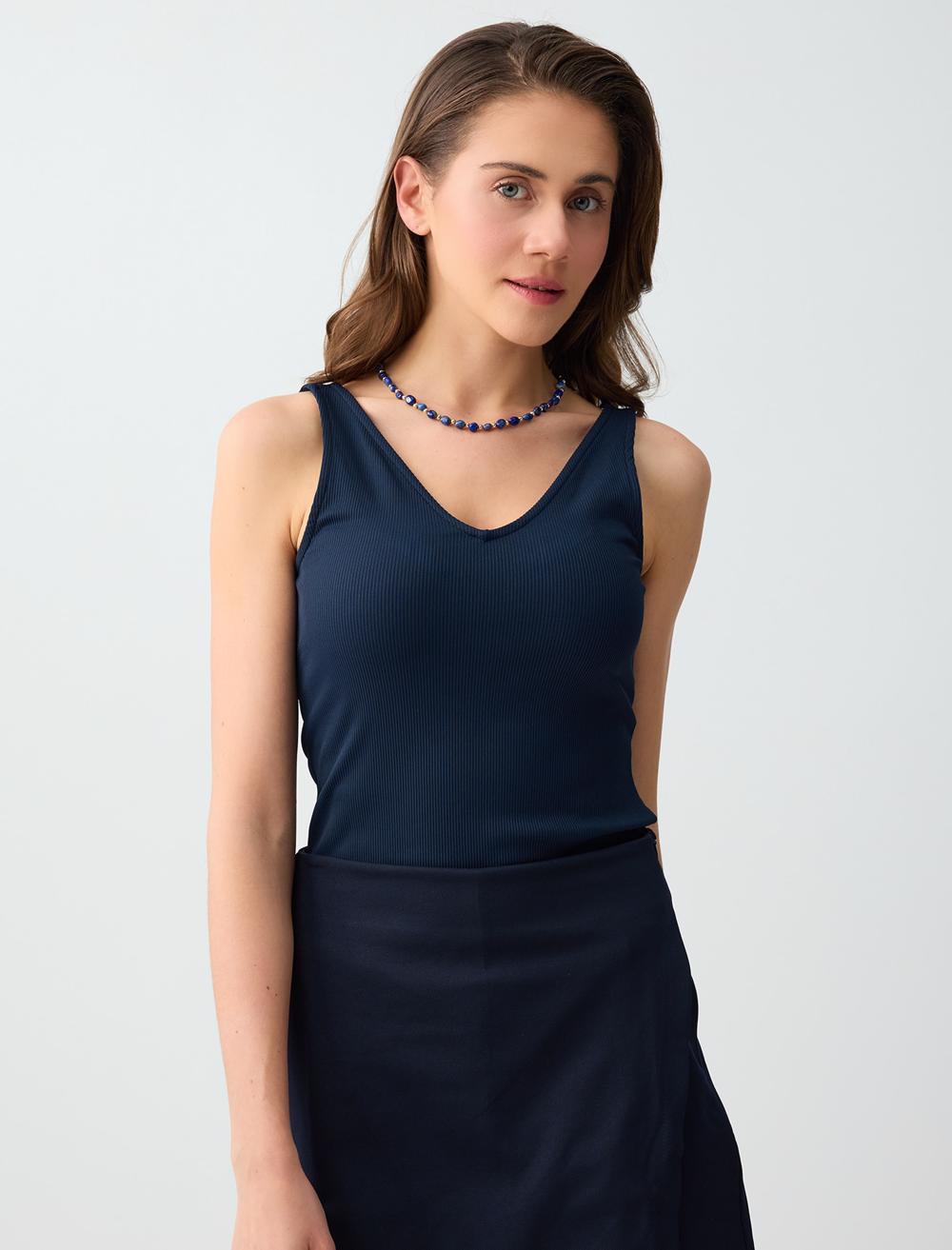 Slim Fit V-Neck Singlet - Dark Blue - 6SW016793494