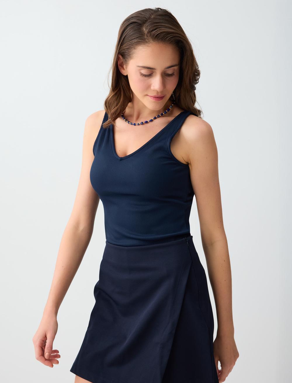 Slim Fit V-Neck Singlet - Dark Blue - 6SW016793494