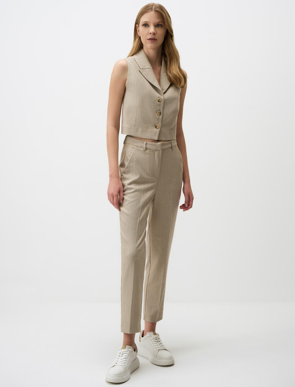 Narrow Cut Gabardine Woven Vest with Button Detail