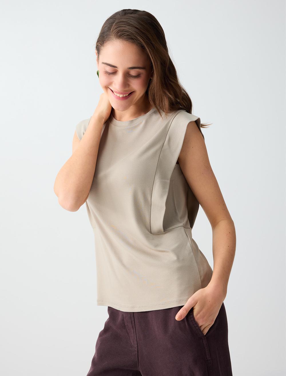 Normal Fit Crew Neck Blouse - Beige - 6SW036637927