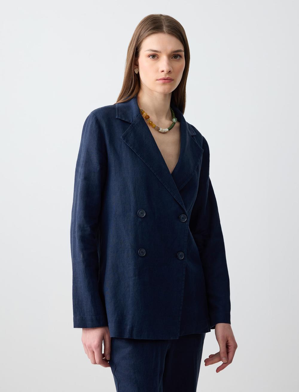 Shirt Collar Long-Sleeve Jacket - Dark Blue - 5SW052585494