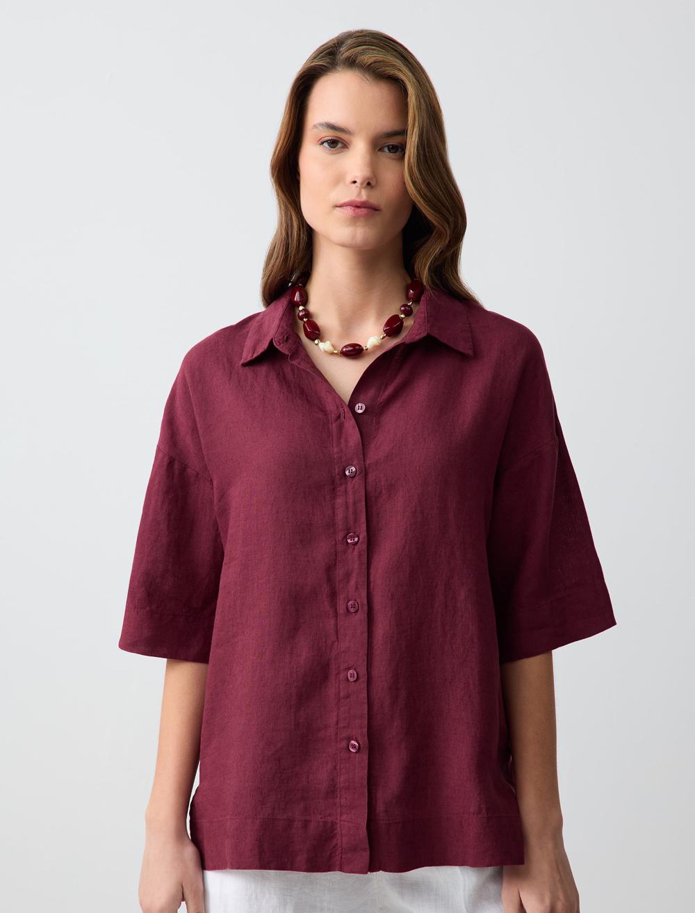 Straight Cut Short Sleeve Woven Linen Shirt