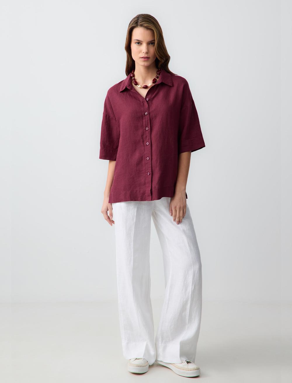 Straight Cut Short Sleeve Woven Linen Shirt