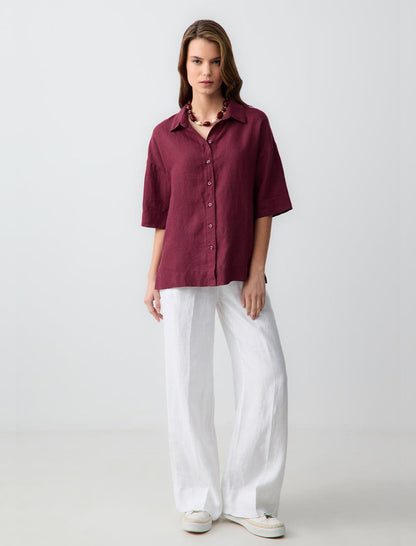 Straight Cut Short Sleeve Woven Linen Shirt