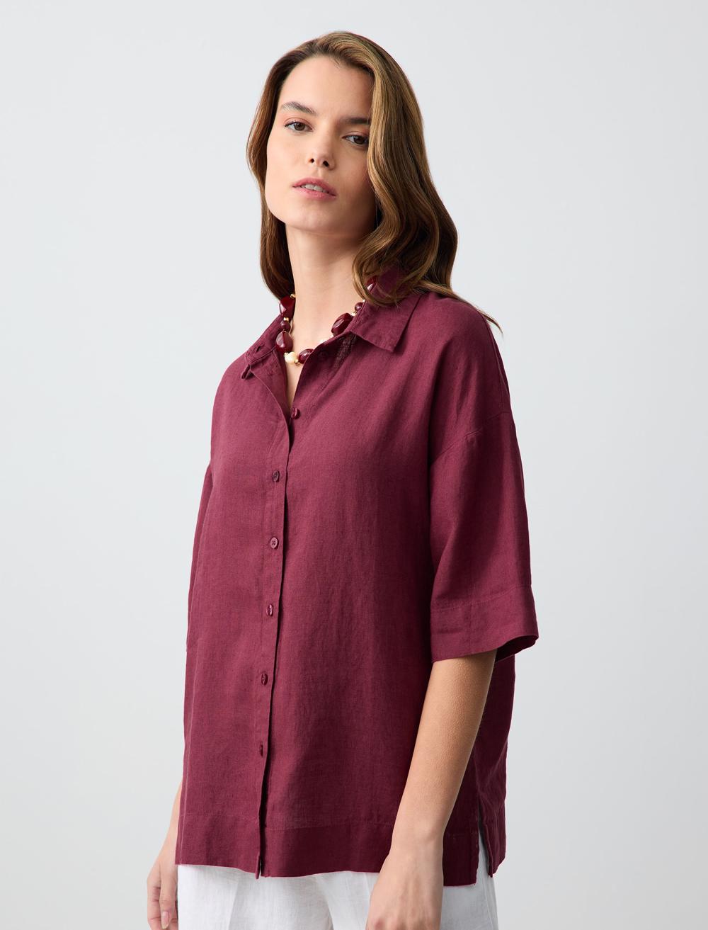 Straight Cut Short Sleeve Woven Linen Shirt