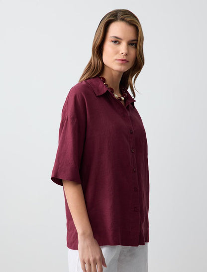 Straight Cut Short Sleeve Woven Linen Shirt