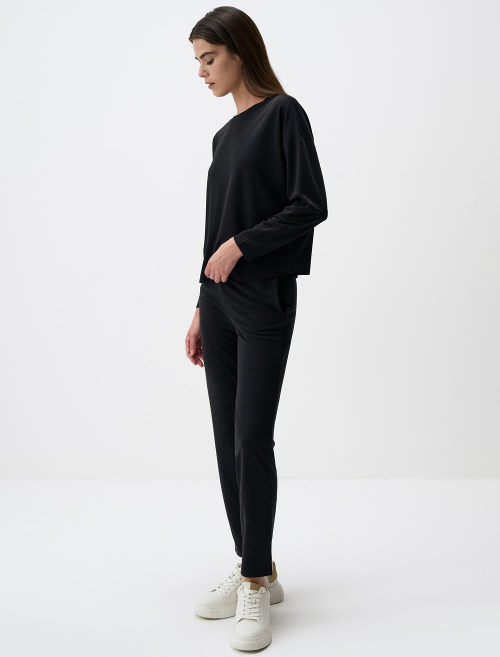 Straight Cut Normal Leg High Waist Jersey Trousers - Black - 4WW311303900
