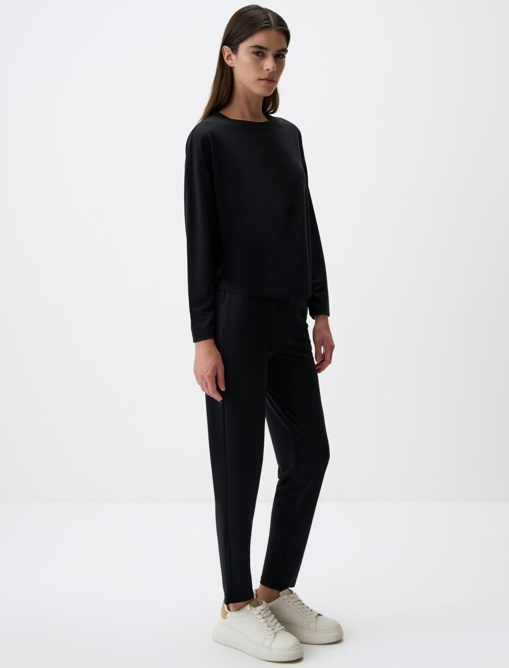 Straight Cut Normal Leg High Waist Jersey Trousers - Black - 4WW311303900