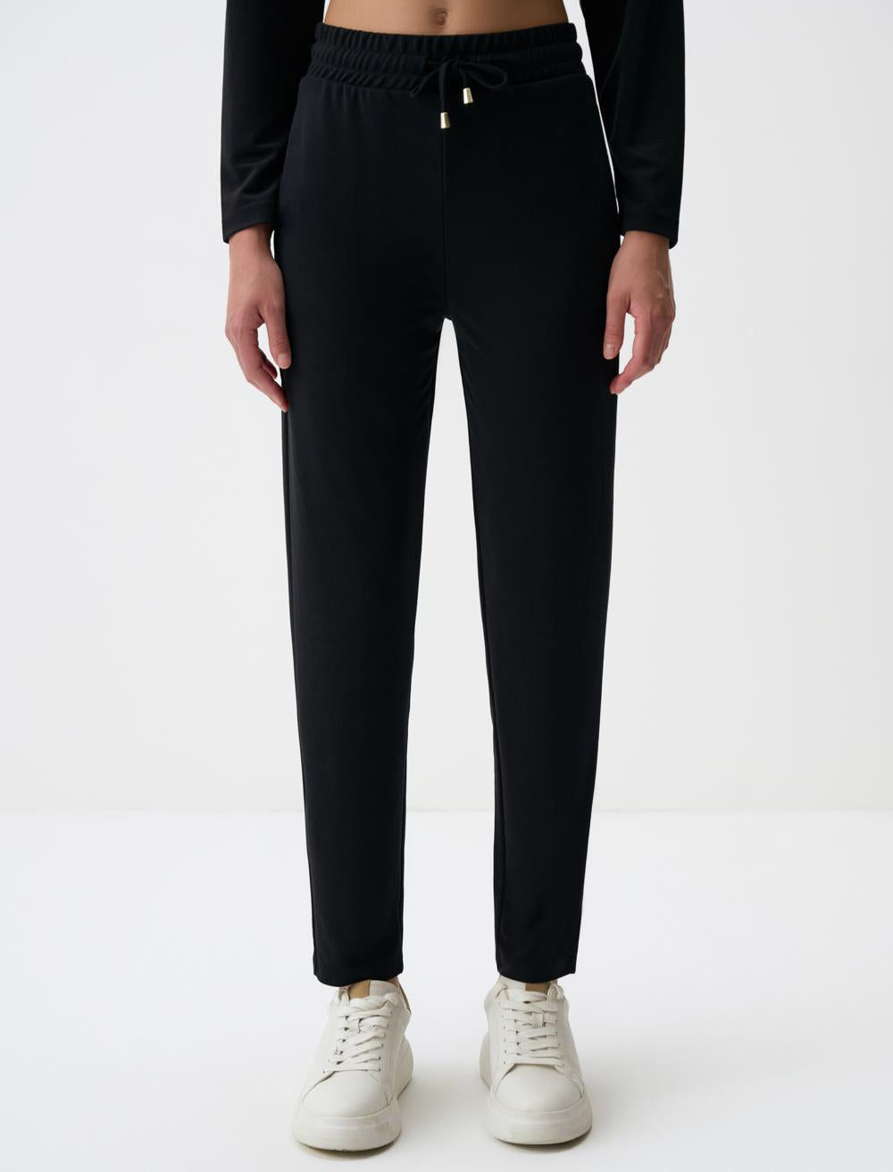 Straight Cut Normal Leg High Waist Jersey Trousers - Black - 4WW311303900