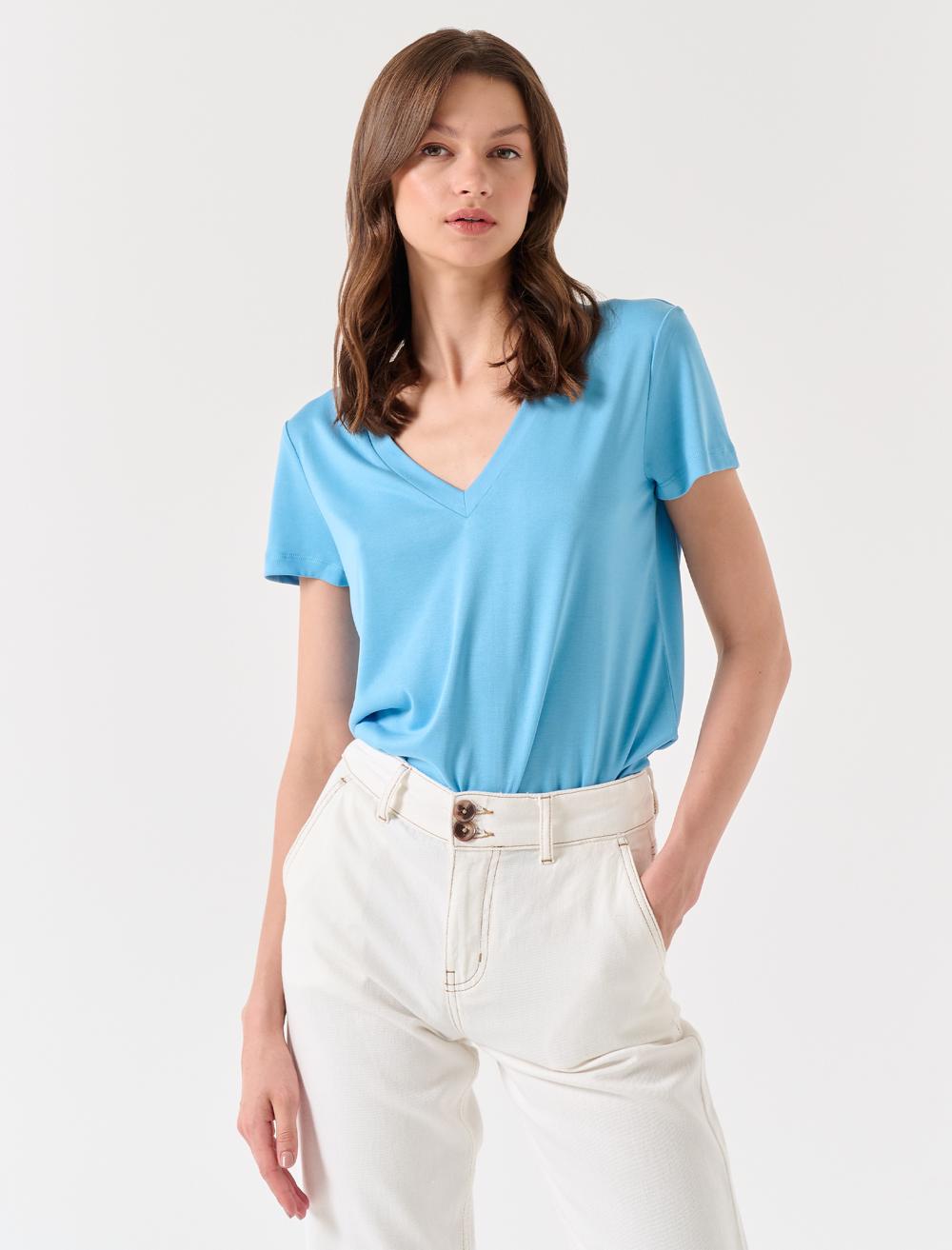 Straight Fit V-Neck Short Sleeved Basic T-Shirt - 23SAMAZING