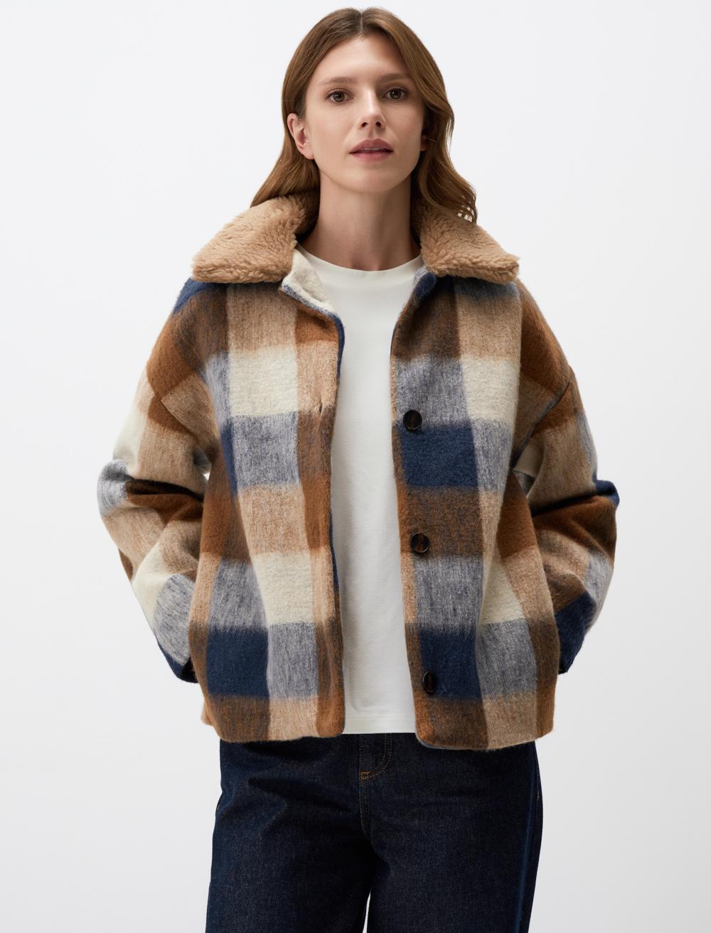 Plaid Patterned Long Sleeve Cashmere Jacket