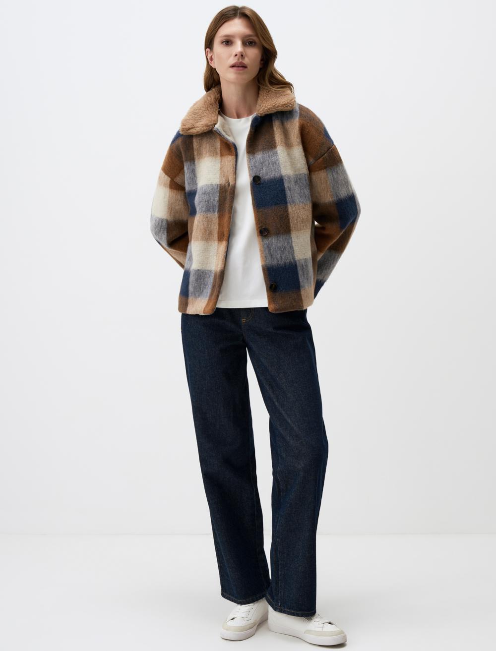 Plaid Patterned Long Sleeve Cashmere Jacket