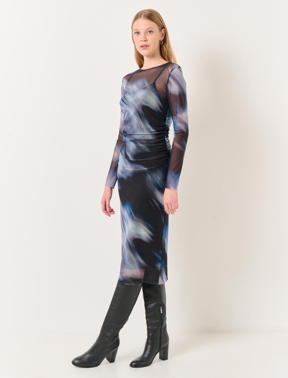 Long Sleeved Zero Neck Patterned Midi Mesh Dress