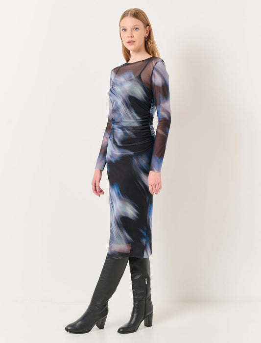 Long Sleeved Zero Neck Patterned Midi Mesh Dress