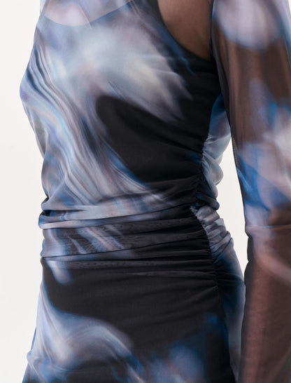 Long Sleeved Zero Neck Patterned Midi Mesh Dress