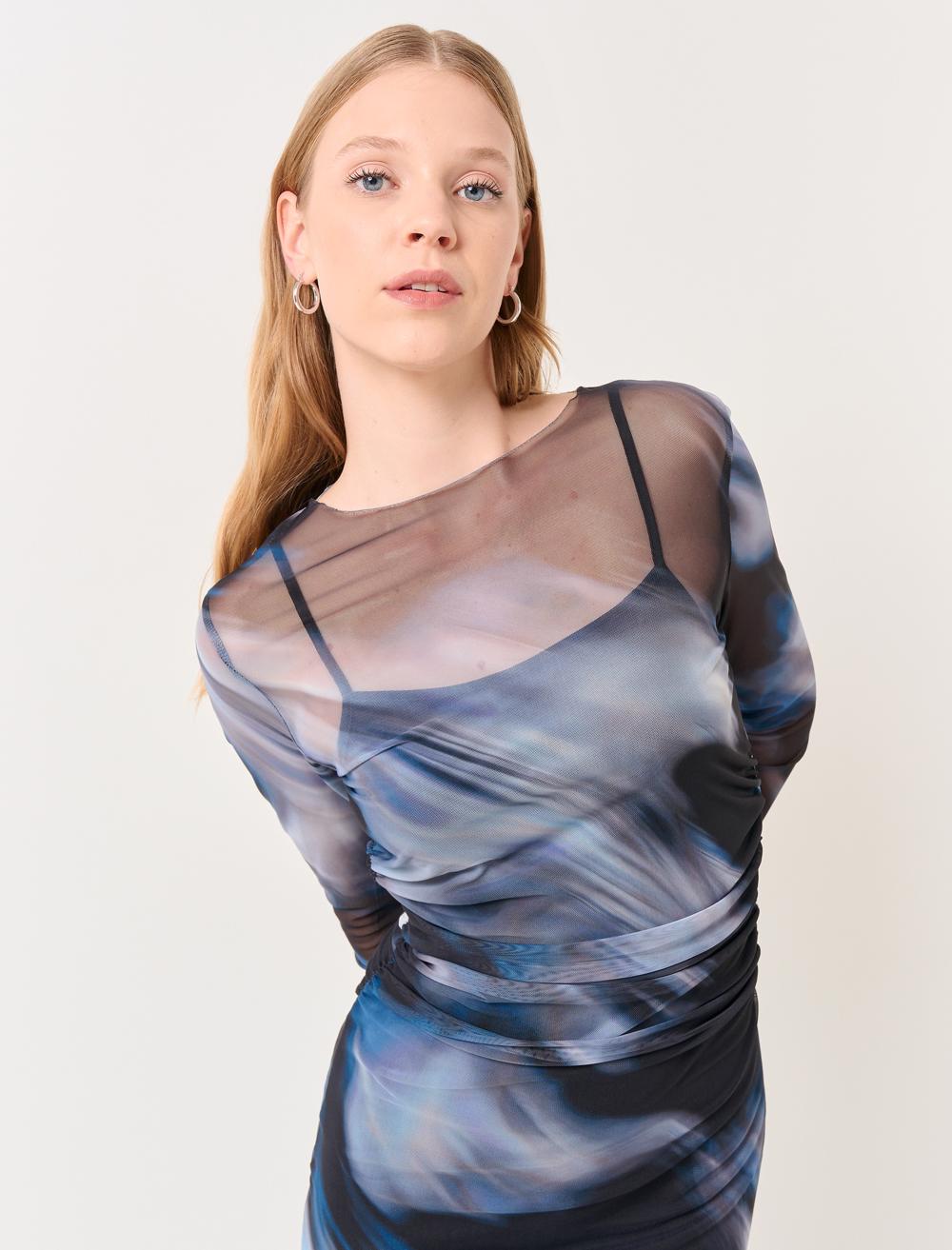 Long Sleeved Zero Neck Patterned Midi Mesh Dress