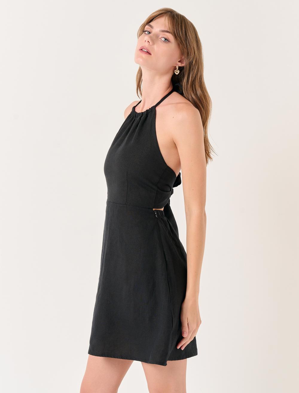 Halter Neck Back Detailed Linen Dress - 23SE140023