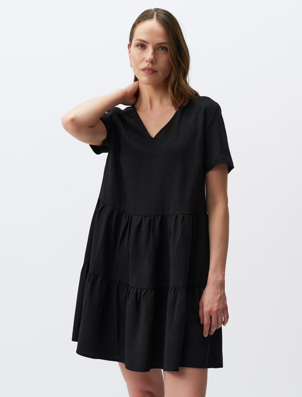 Loose Cut Short Sleeve V-Neck Linen Mini Dress - 24SE041001