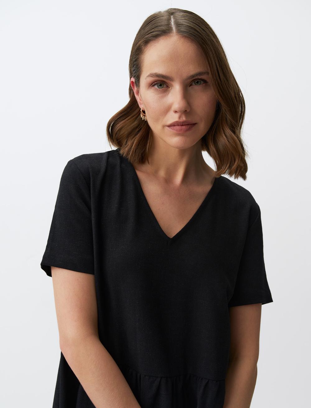 Loose Cut Short Sleeve V-Neck Linen Mini Dress - 24SE041001