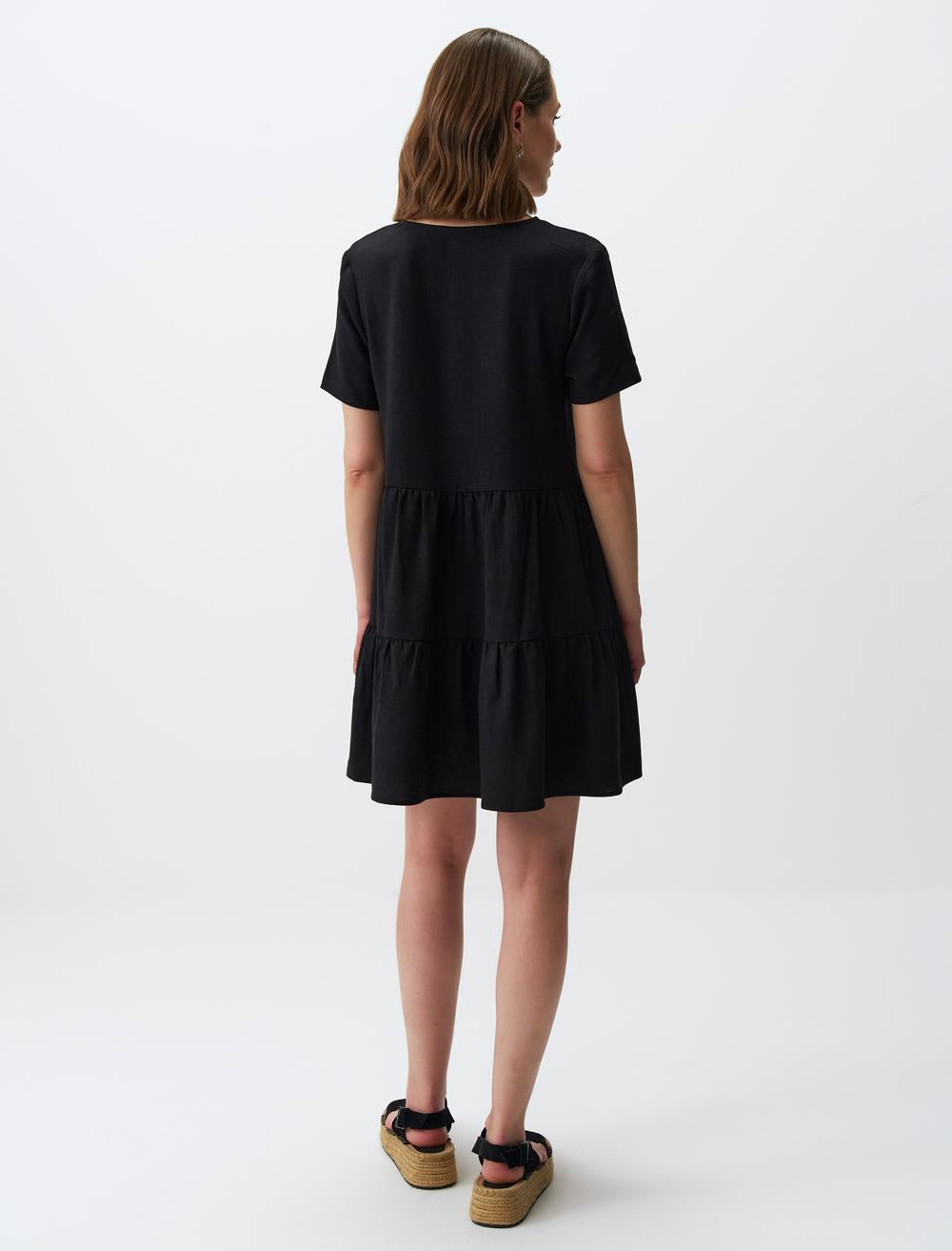 Loose Cut Short Sleeve V-Neck Linen Mini Dress - 24SE041001