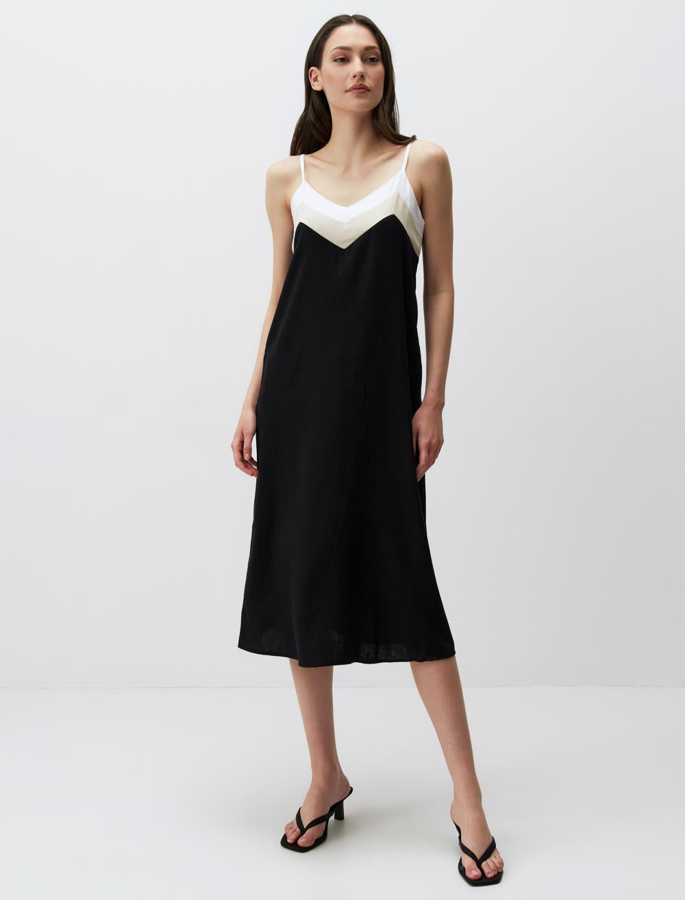 Strappy V-Neck Linen Midi Dress - 24SE144007