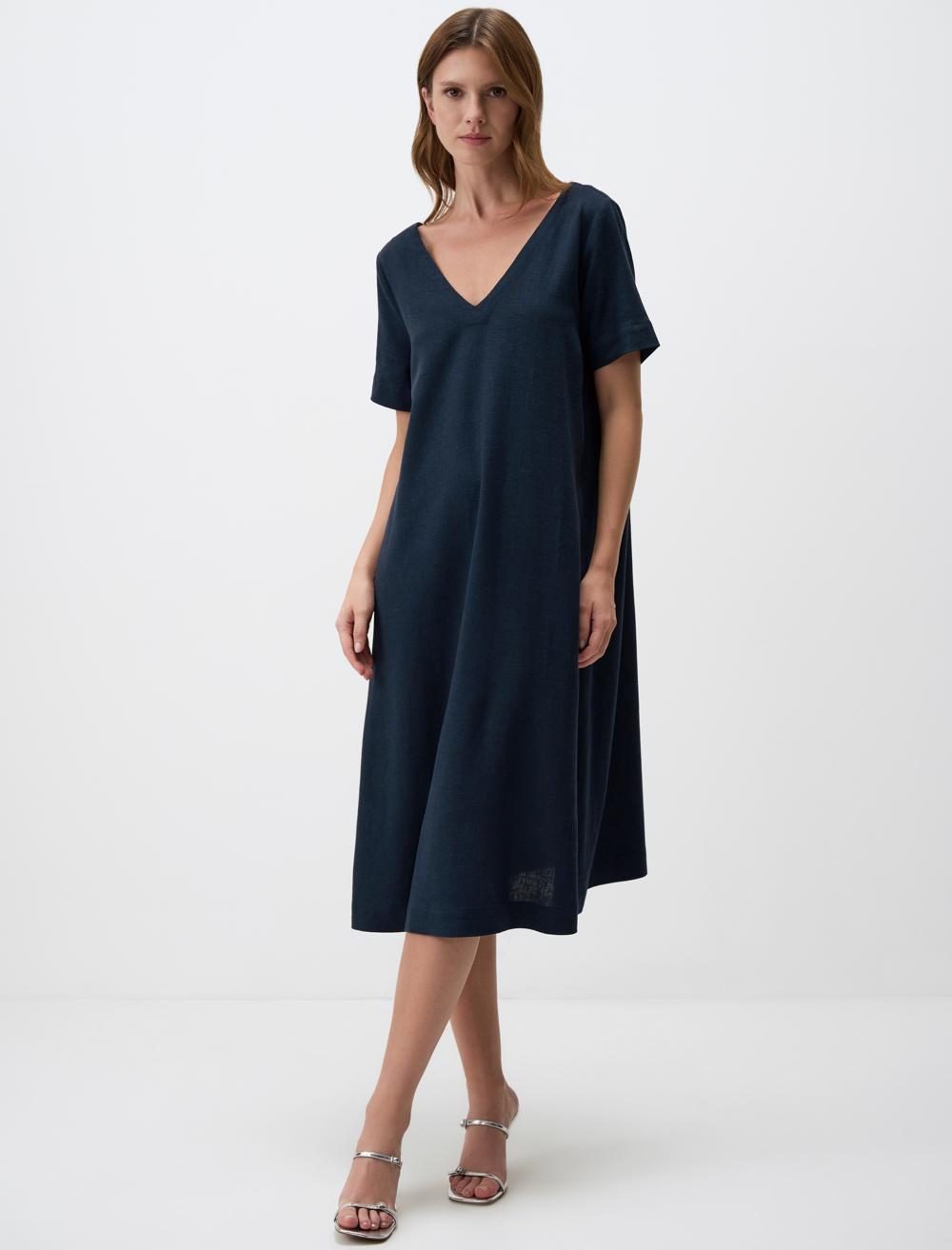 V Neck Relaxed Fit Short Sleeve Midi Dress