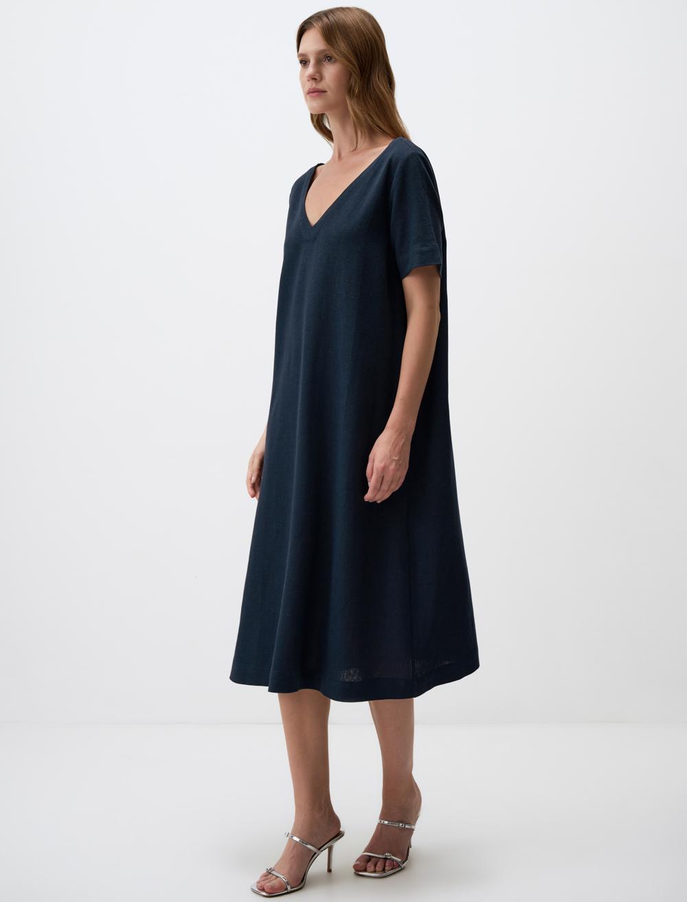 Loose Fit V-Neck Short-Sleeve Dress - Dark Blue - 4SW132106494