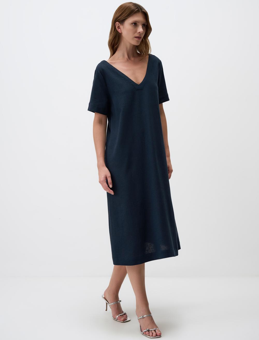 Loose Fit V-Neck Short-Sleeve Dress - Dark Blue - 4SW132106494