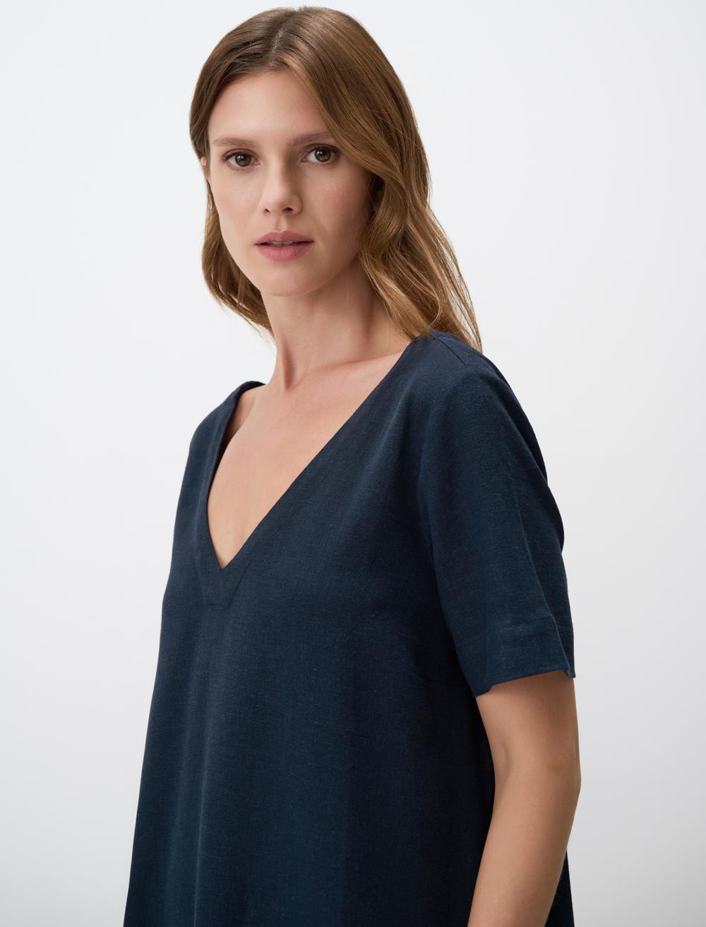 Loose Fit V-Neck Short-Sleeve Dress - Dark Blue - 4SW132106494