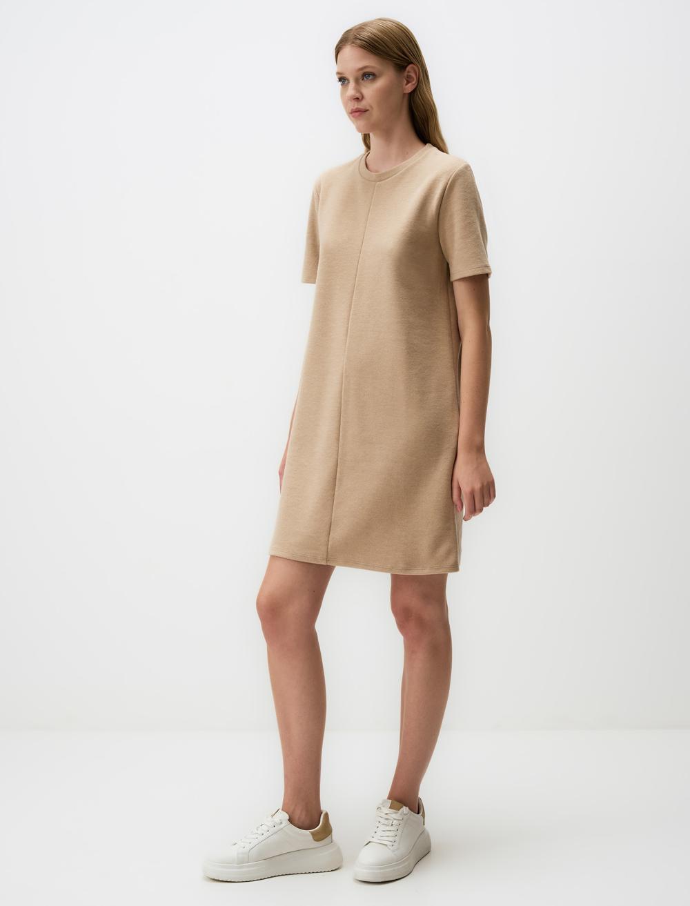 Loose Fit Crew Neck Short-Sleeve Dress - Beige - 4WW02131030988