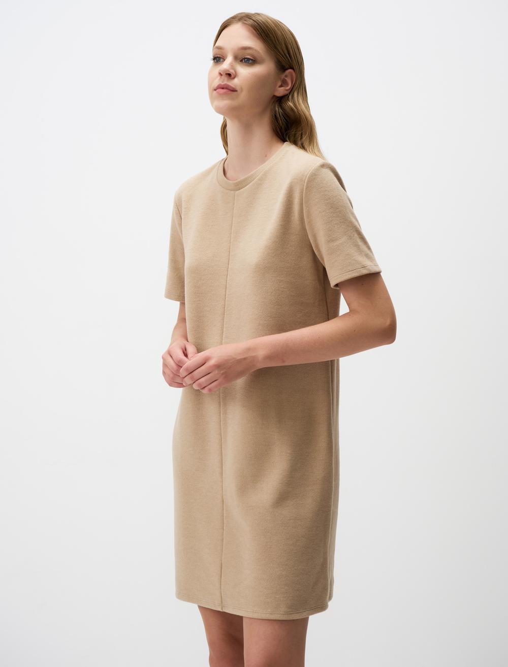 Loose Fit Crew Neck Short-Sleeve Dress - Beige - 4WW02131030988