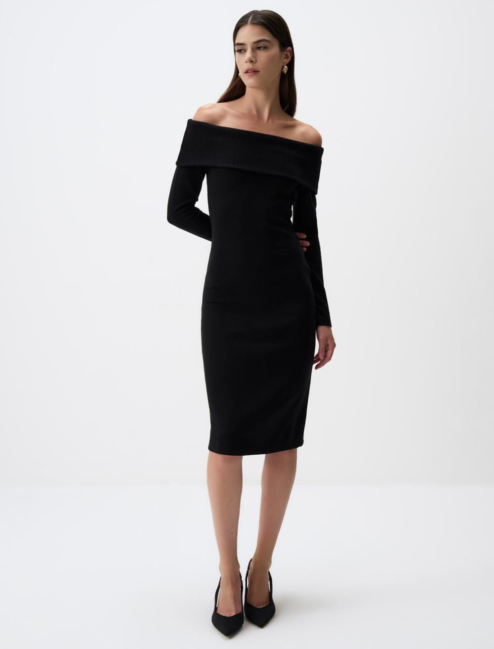 Off The Shoulder Long Sleeve Knitted Midi Dress