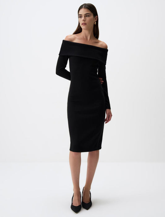 Off The Shoulder Long Sleeve Knitted Midi Dress