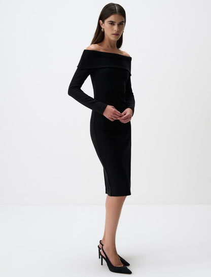 Off The Shoulder Long Sleeve Knitted Midi Dress
