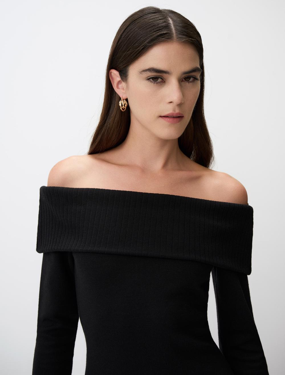 Off The Shoulder Long Sleeve Knitted Midi Dress