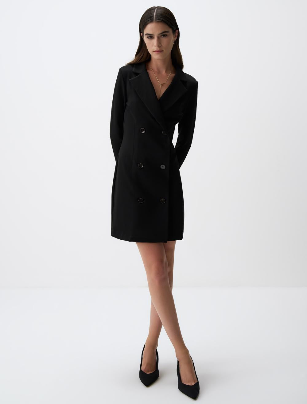 Long Sleeve Double-breasted Neck Knitted Mini Dress