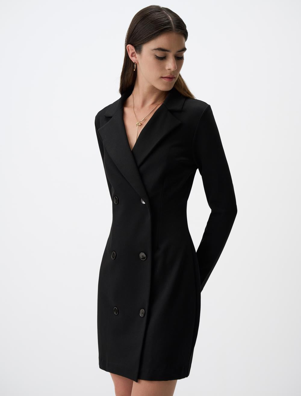 Long Sleeve Double-breasted Neck Knitted Mini Dress