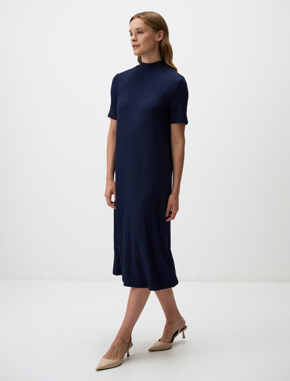 Loose Fit Short-Sleeve Midi Dress - Dark Blue - 4WW02131097494