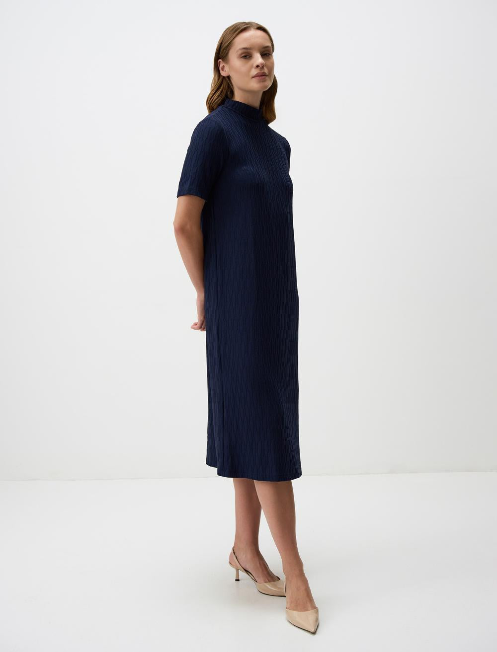 Loose Fit Short-Sleeve Midi Dress - Dark Blue - 4WW02131097494