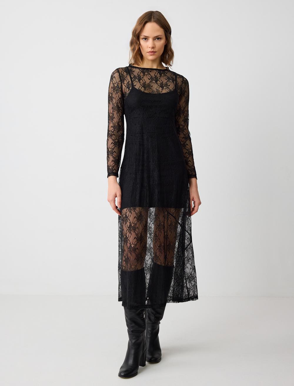 Crew Neck Long-Sleeve Dress - 4WW062707