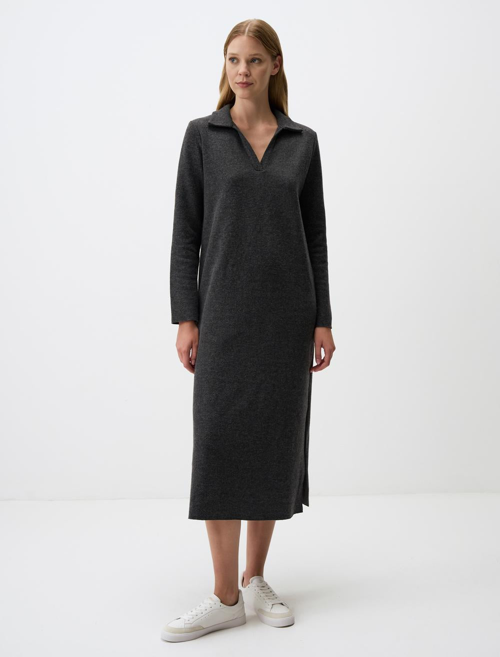 Loose Fit Polo Shirt Long-Sleeve Dress - Grey - 4WW131269972