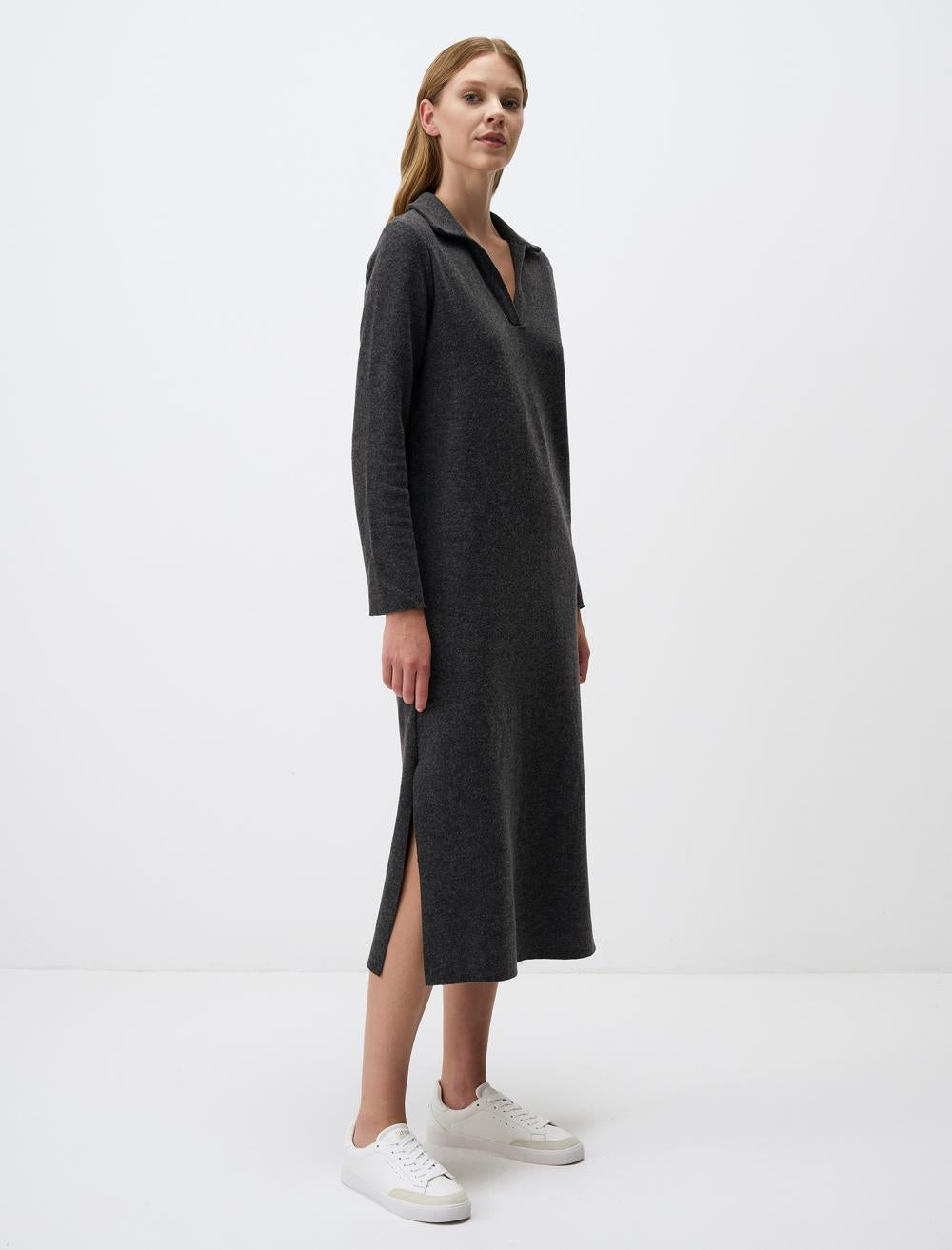 Loose Fit Polo Shirt Long-Sleeve Dress - Grey - 4WW131269972