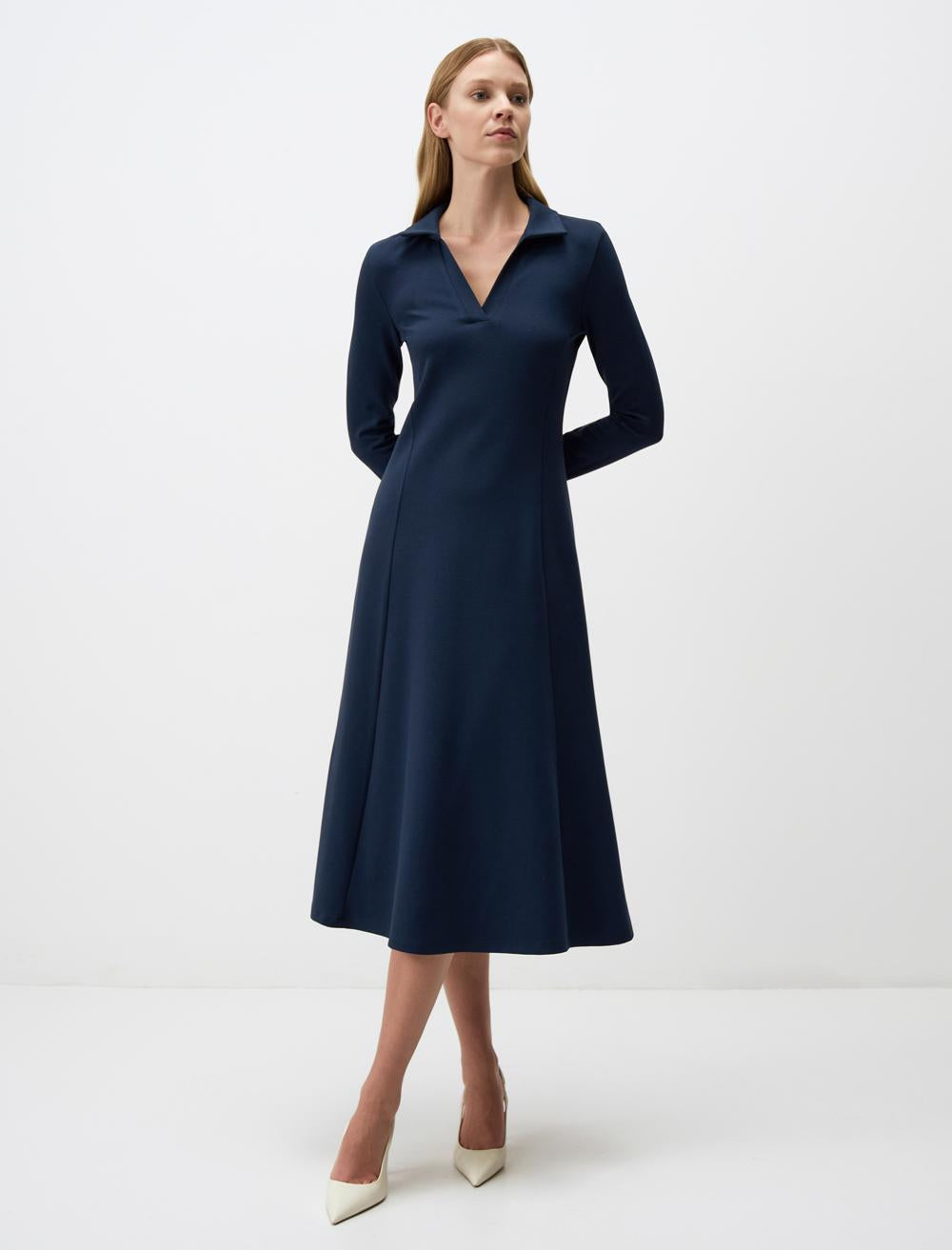 Polo Collar Long Sleeve Midi Dress