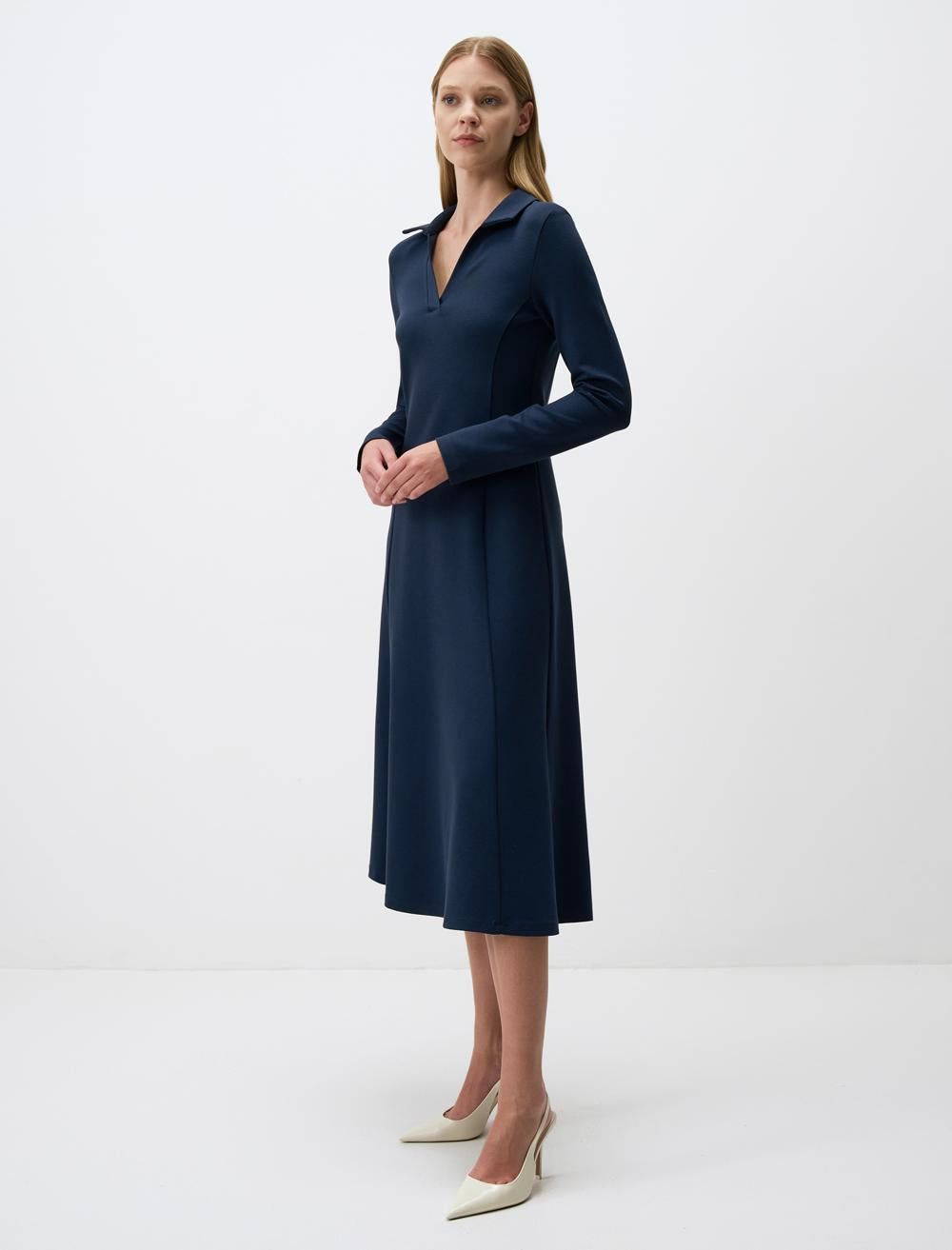 Polo Collar Long Sleeve Midi Dress