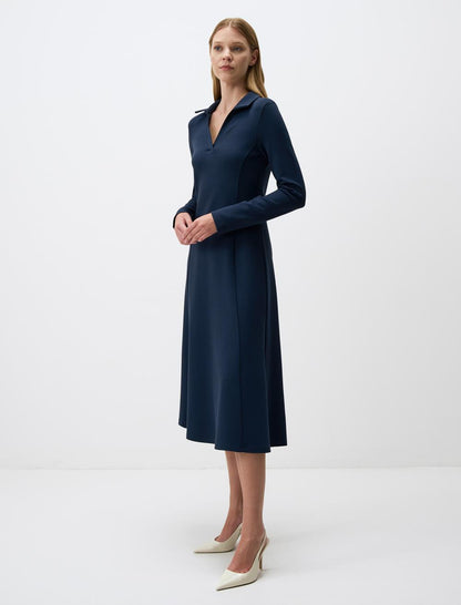 Polo Collar Long Sleeve Midi Dress