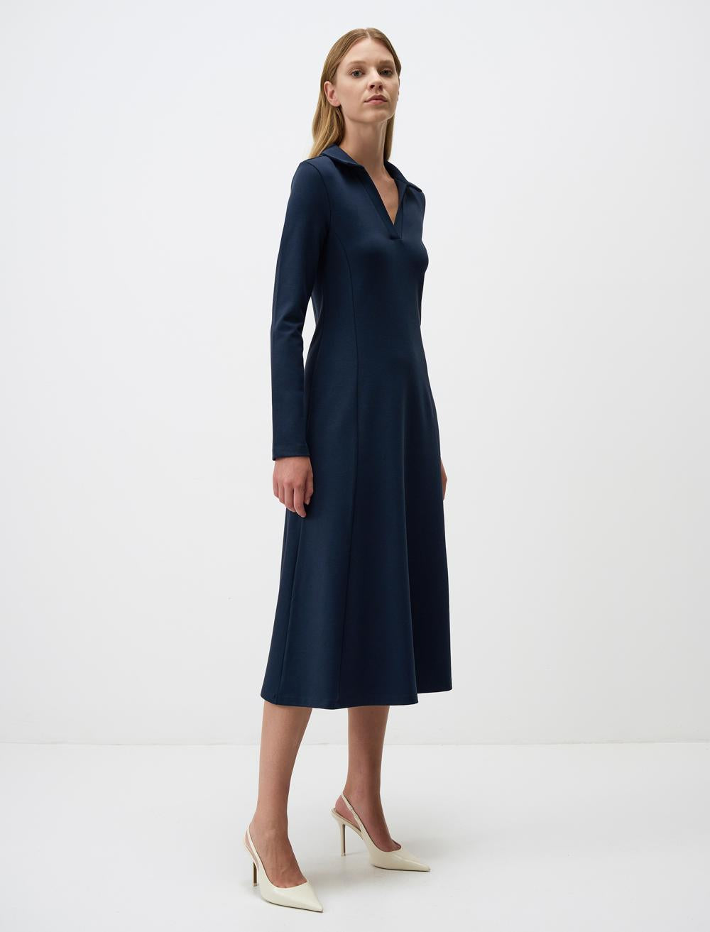 Polo Collar Long Sleeve Midi Dress